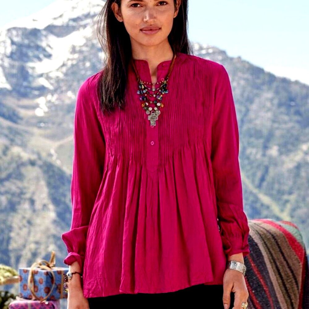Sundance Mystic Falls Pleated Pintuck Popover Top Womens Size Medium Magenta